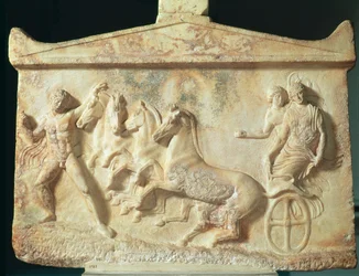 Relieve votivo que representa a Echelos y Basile, c.400 a.C. (mármol)